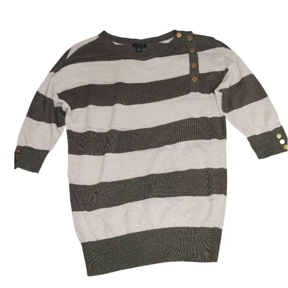 Ann Taylor Women's Knit Top 3/4 sleeve Olive Green & Beige Golden Button Accents
